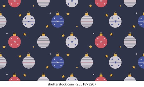 Seamless festive holiday background pattern with colorful Christmas ornaments