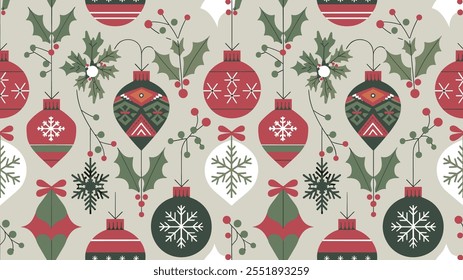 Padrão de fundo de feriado festivo contínuo com ornamentos de Natal coloridos