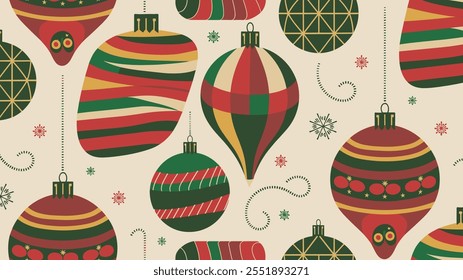 Seamless festive holiday background pattern with colorful Christmas ornaments