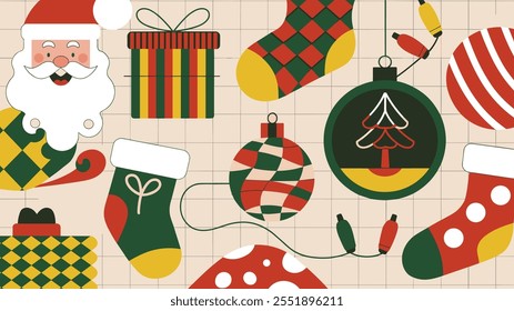 Seamless festive holiday background pattern with colorful Christmas ornaments