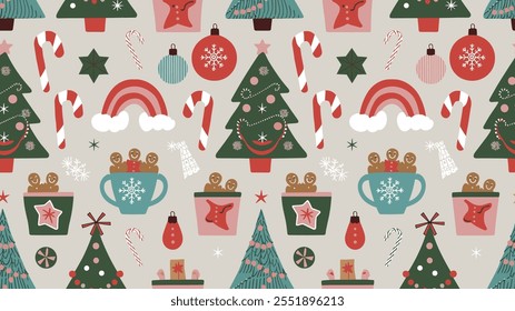 Seamless festive holiday background pattern with colorful Christmas ornaments