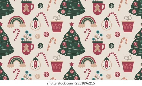 Seamless festive holiday background pattern with colorful Christmas ornaments