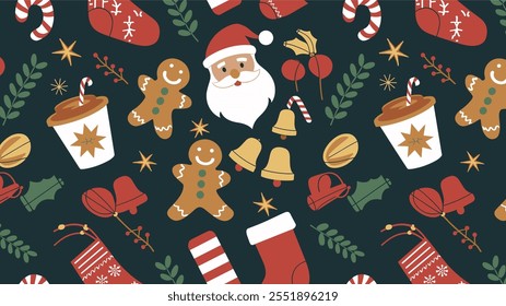 Seamless festive holiday background pattern with colorful Christmas ornaments