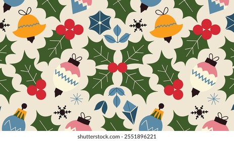 Seamless festive holiday background pattern with colorful Christmas ornaments