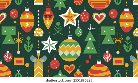 Seamless festive holiday background pattern with colorful Christmas ornaments