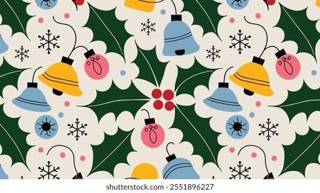 Seamless festive holiday background pattern with colorful Christmas ornaments
