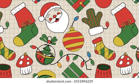 Seamless festive holiday background pattern with colorful Christmas ornaments