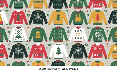Seamless festive holiday background pattern with colorful Christmas ornaments