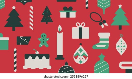 Seamless festive holiday background pattern with colorful Christmas ornaments