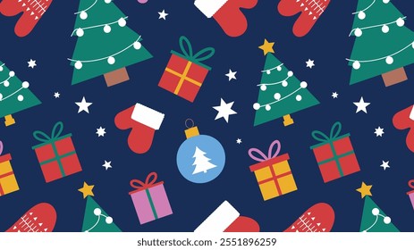 Seamless festive holiday background pattern with colorful Christmas ornaments