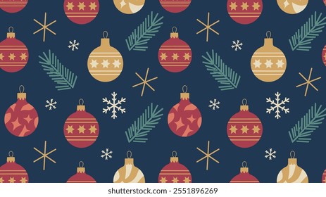 Seamless festive holiday background pattern with colorful Christmas ornaments