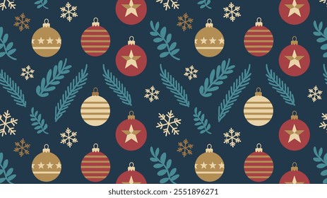 Seamless festive holiday background pattern with colorful Christmas ornaments