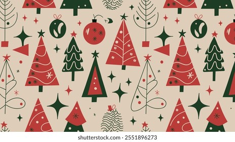 Seamless festive holiday background pattern with colorful Christmas ornaments