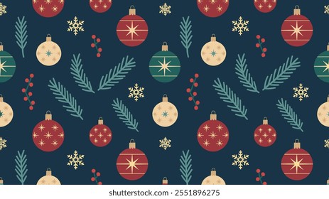 Seamless festive holiday background pattern with colorful Christmas ornaments