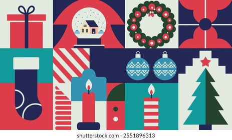 Seamless festive holiday background pattern with colorful Christmas ornaments