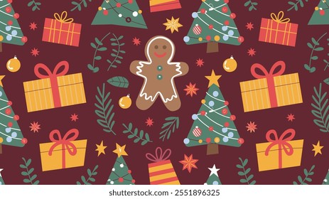 Seamless festive holiday background pattern with colorful Christmas ornaments