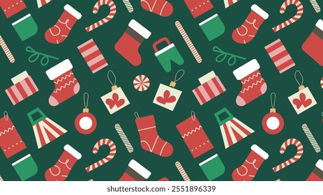 Seamless festive holiday background pattern with colorful Christmas ornaments