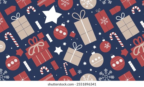 Seamless festive holiday background pattern with colorful Christmas ornaments