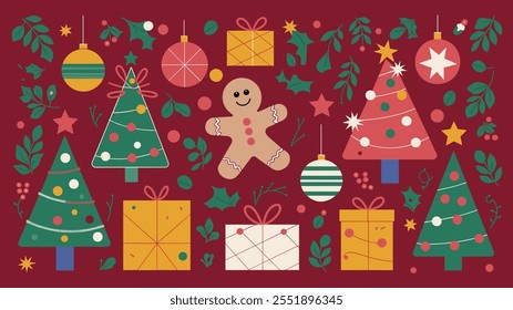 Seamless festive holiday background pattern with colorful Christmas ornaments