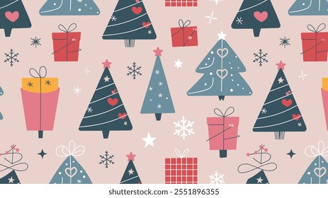 Seamless festive holiday background pattern with colorful Christmas ornaments