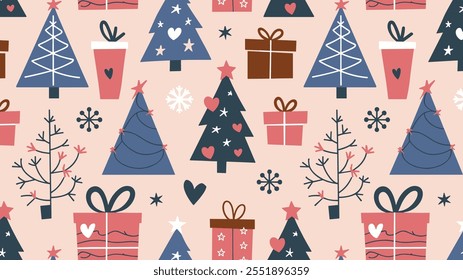 Seamless festive holiday background pattern with colorful Christmas ornaments