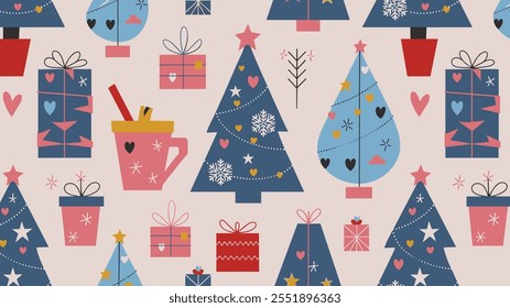 Seamless festive holiday background pattern with colorful Christmas ornaments