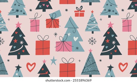 Seamless festive holiday background pattern with colorful Christmas ornaments