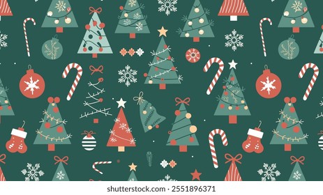 Seamless festive holiday background pattern with colorful Christmas ornaments