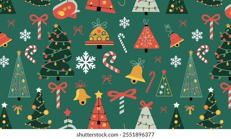 Seamless festive holiday background pattern with colorful Christmas ornaments