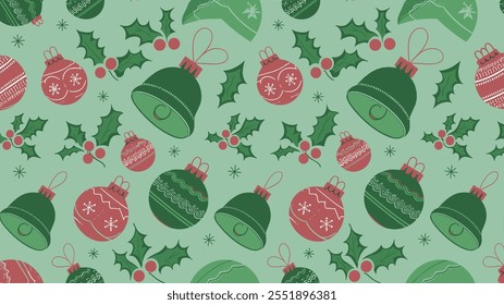 Seamless festive holiday background pattern with colorful Christmas ornaments