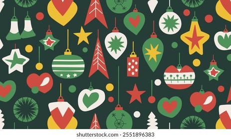 Seamless festive holiday background pattern with colorful Christmas ornaments