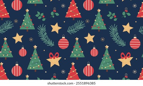 Seamless festive holiday background pattern with colorful Christmas ornaments