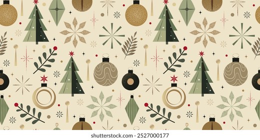 Seamless Festive Holiday Pattern with Geometric Christmas Trees, Ornaments, Snowflakes, and Stars in Gold, Green, and Red Tones on a Light Background for Winter Season Wrapping Paper or Gift Packaging