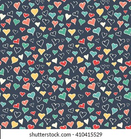 Seamless Festive Love Abstract Pattern with Hand Drawn Hearts on Dark Blue Background