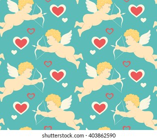 Seamless Festive Love Pattern with Cupid and Hearts on Blue Background