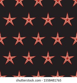 Seamless festive New Year or Christmas background with red stars, lanterns on black.