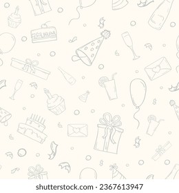 Seamless festive pattern, background with birthday cake, balloons, caps and drinks