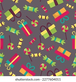 Seamless festive pattern for a birthday. With the image of gift boxes, lollipops and sweets. In colorful color on a dark background.