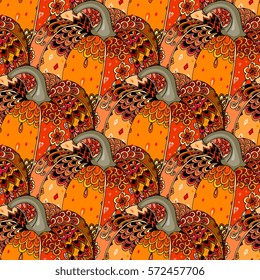 Seamless festive pattern with bright hand drawn pumpkin. Thanksgiving symbol. Print for fabric, paper, wallpaper, packaging design. Beautiful vector illustration.