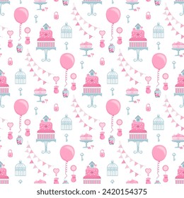 Seamless festive pattern with cake, balls, birds, triangle flags and decorative elements.