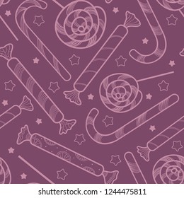 Seamless festive pattern with a lot of candies. Christmas, New Year vector illustration. Delicate pastel design