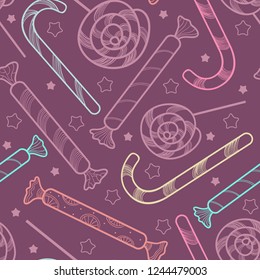 Seamless festive pattern with a lot of candies. Christmas, New Year vector illustration.Festive design elements