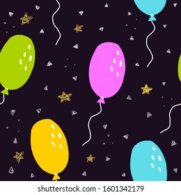 Seamless festive pattern with cartoon balloons, decor elements on a neutral background. flat vector for birthday. kids hand drawing. baby design for fabric, wrapper, print