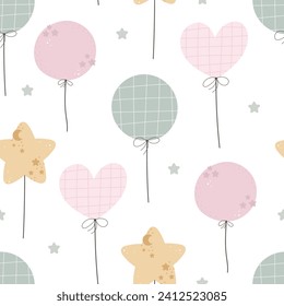 Seamless festive pattern with cartoon balloons, decor elements. flat vector for birthday. kids hand drawing. baby design for fabric, wrapper, print	
