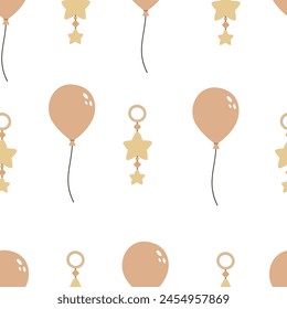 Patrón festivo sin costuras con globos de dibujos animados, Elementos de decoración. Vector plano para cumpleaños. dibujo a mano de los niños. diseño de bebé para tela, envoltura, impresión
