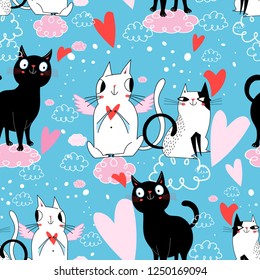 Seamless festive pattern with cats in love on blue background with hearts
