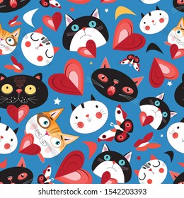 Seamless festive pattern with cheerful loving cats and hearts