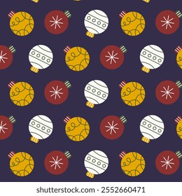 Patrón festivo sin fisuras con Navidades adornos en blanco, rojo y amarillo, decorado con diseños geométricos simples, colocados sobre un fondo azul profundo. Estética navideña moderna y mínima.