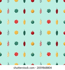 Patrón festivo sin inconvenientes con decoraciones navideñas y caramelo sobre fondo azul. Patrón vectorial. Fondo festivo para tela, ropa, papel pintado, papel de embalaje, papel de papelería.