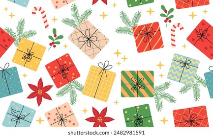 Seamless festive pattern with Christmas gifts. Pattern with colorful gifts. Abstract christmas gift boxes seamless vector pattern in retro style. Cutebackground for card, wrapping, wallppaper